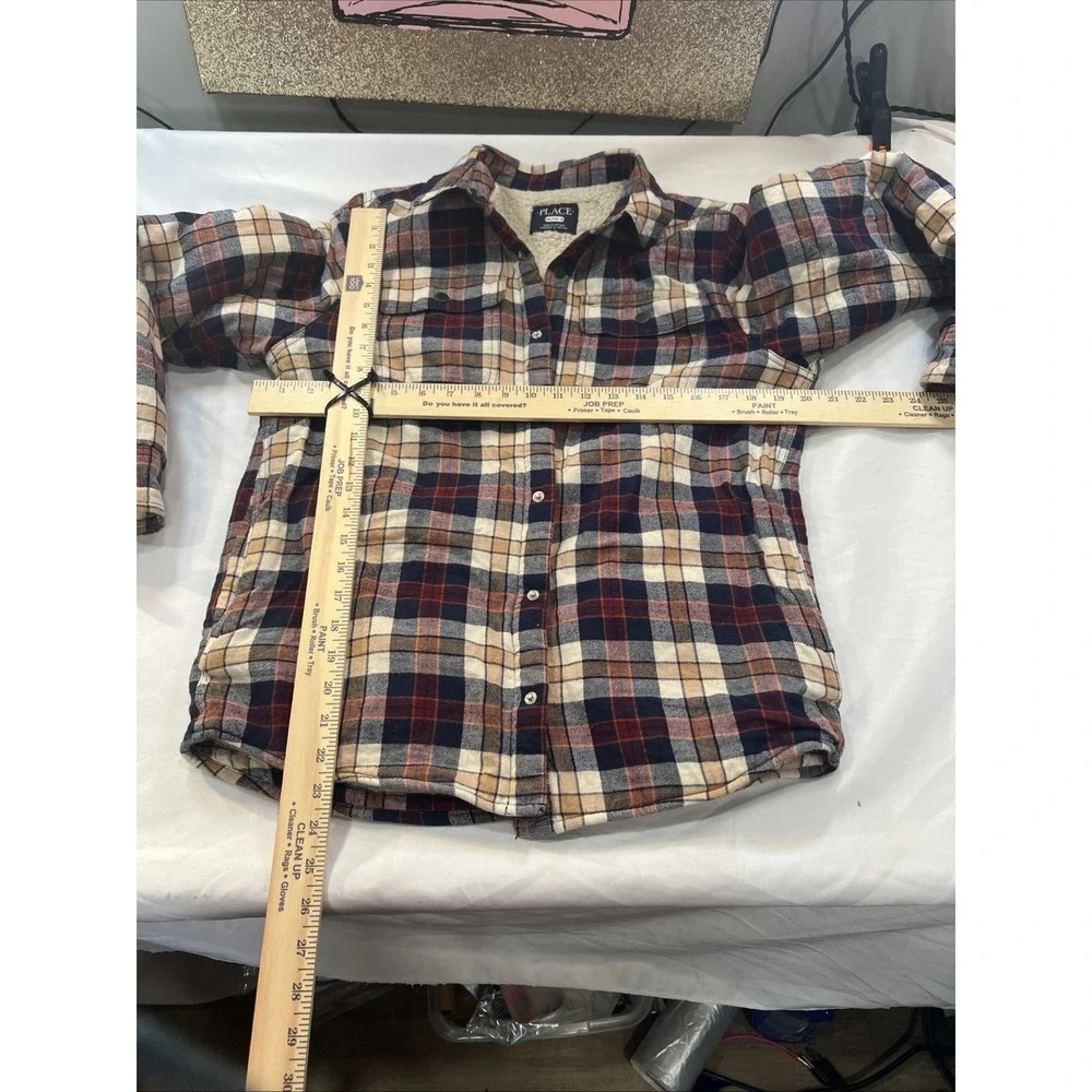 Children's Place Button Up Sherpa Sz XXL 16 Maroon Plaid Pockets Long Sleevewarm